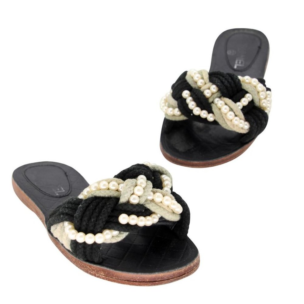 CHANEL Black & Cream Braided Pearl Slide Sandals